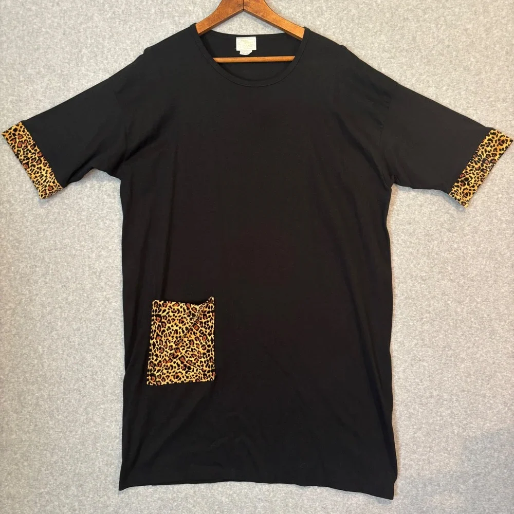 Vintage 70s Pillow Walks‎ Women's Black Leopard Print Sleep Tee Cotton T-Shirt
